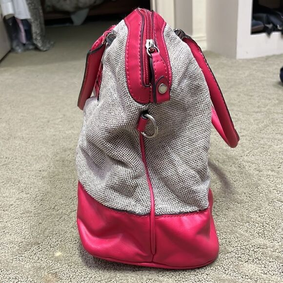 London Fog Simulated Leather Pink & Woven Satchel Purse with Long Strap - Picture 2 of 8